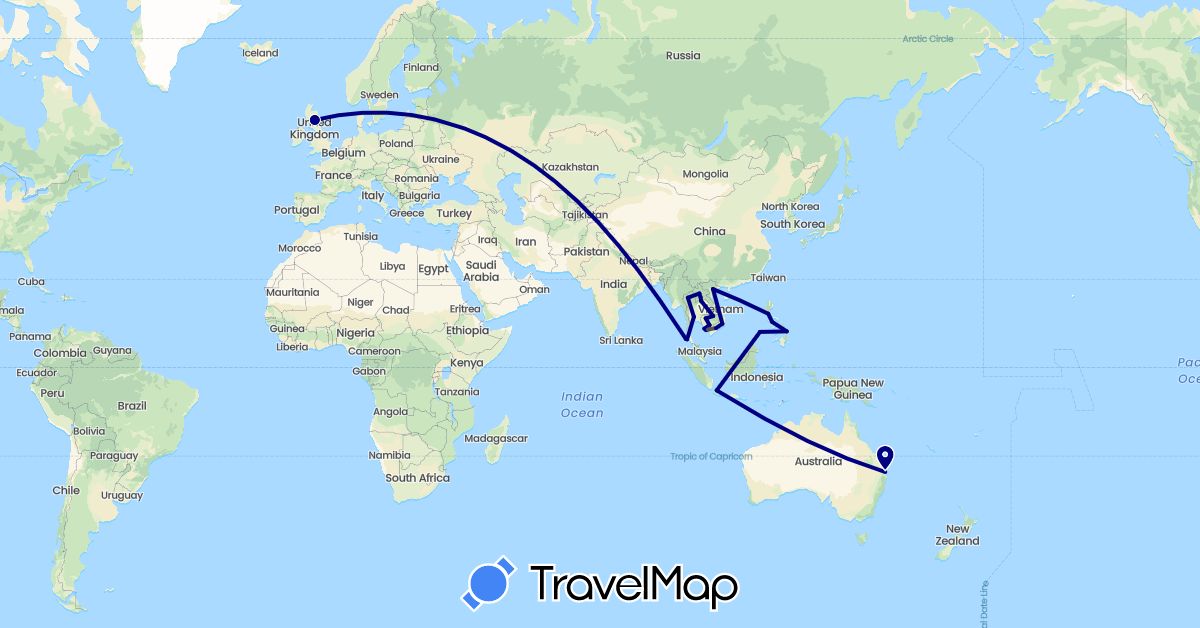 TravelMap itinerary: driving, motorbike in Australia, United Kingdom, Indonesia, Cambodia, Laos, Philippines, Thailand, Vietnam (Asia, Europe, Oceania)